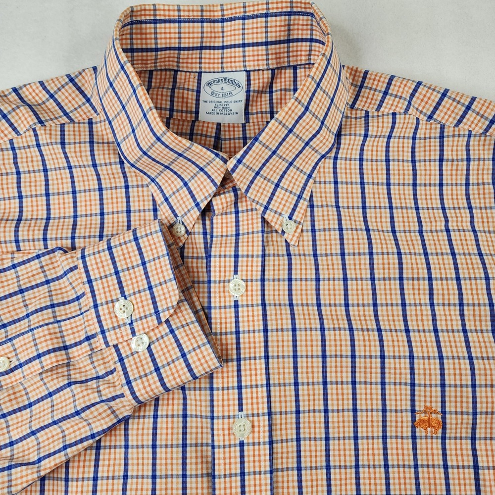 Brooks Brothers Slim Fit Non Iron Shirt Mens‎ L Orange Blue Check Button Down